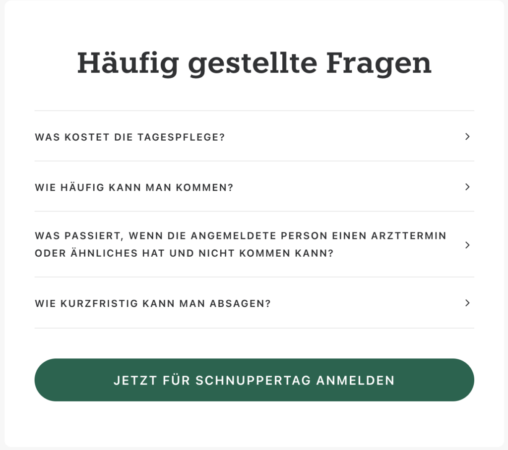 Beispiel für einen FAQ-Bereich – einem Must-have für die Inhalte einer Angebotsseite